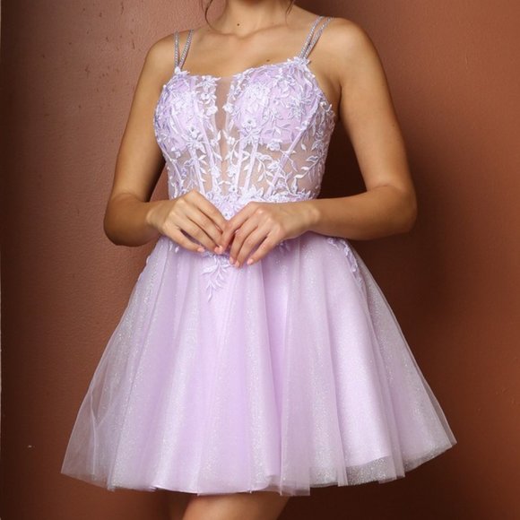 NEW LILAC OFF THE SHOULDER SLEEVELESS EMBROIDERY MINI GOWN WITH STRAPS NX T724 - Picture 3 of 11